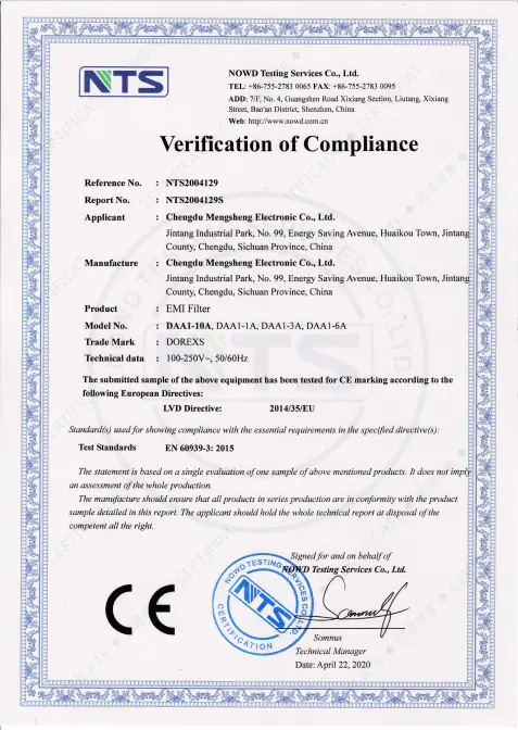 CE EMI Filter Certification Certificate